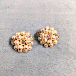 Vintage 1950's Faux Pearl w/ AB Crystal Accents Clip Earrings - Made in Japan